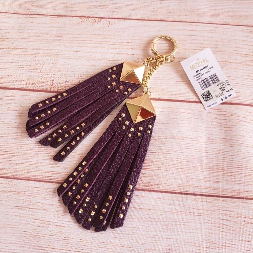 Michael Kors Pyramid Studded Tassels Pebbled Leather Keychain Handbag Charm